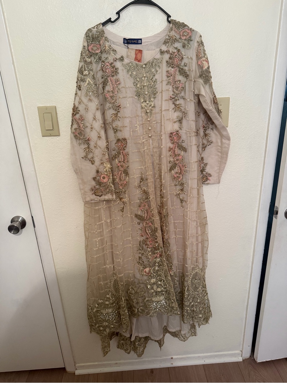 3 Pieces: Pakistani Floral Long Coat Jacket - Cream with Pink & Gold Accents